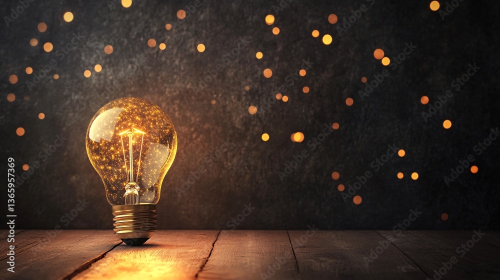 Poster bright light bulb shining on wooden table with magical glowing particles inside
