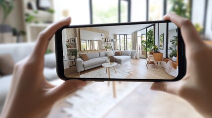 An AI powered virtual home staging platform, automatically arranging furniture and decor to optimize home listings for sale, Real estate tech style