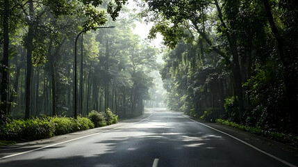 Fototapeta premium Asphalt Road Leading Through Lush Green Forest with Sunlight Shining Through Trees Creating Scenic Landscape