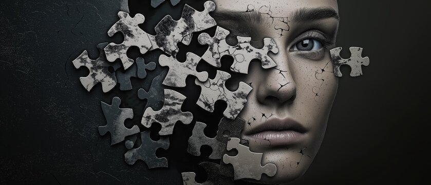 Surreal human face with puzzle pieces and cracked texture
