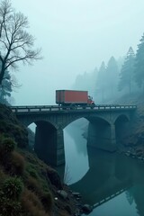 Concrete truck crosses misty bridge, serene fog-shrouded scene , concrete mixer, truck, peaceful