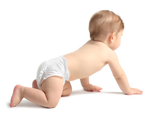 Adorable little baby crawling on white background