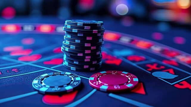 Stack of poker chips on casino blackjack table with neon lights