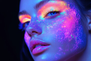 Woman with glowing makeup and blue eyes staring confidently at the camera, emphasizing striking beauty and captivating presence.