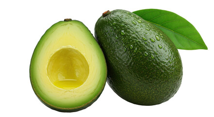 Isolated Cut and Whole Avocado with Water Droplets