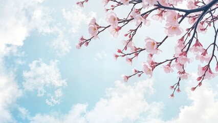 Obraz premium Spring Nature Background — Cherry Blossom Branches Against a Soft Blue Sky