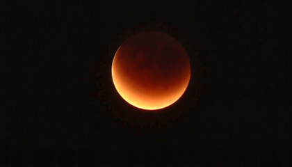 Glowing orange moon against dark sky with lunar surface details
