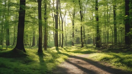 Obraz premium Sunlit Path Through Lush Green Forest Trees