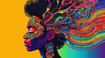 Fototapeta premium Vibrant abstract portrait of woman with colorful swirling patterns on yellow background