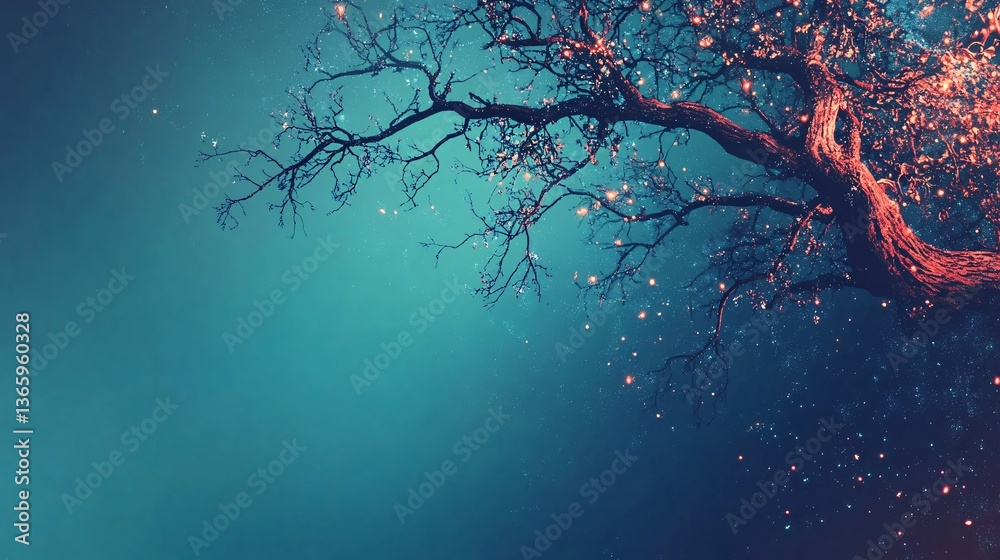 Aufkleber glowing particles falling from magical tree branches at twilight