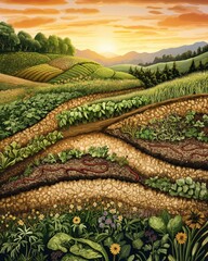 Fototapeta premium Vibrant agricultural landscape cross-section at sunrise with crops, soil, and rolling hills