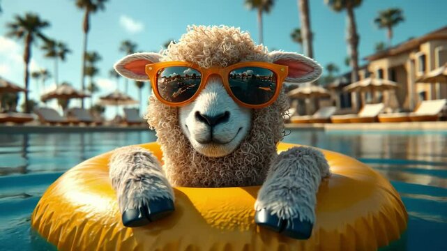 Lamb relaxing on yellow float in pool on sunny day with palm trees. Eid al-Adha Mubarak. Kurban Bayram