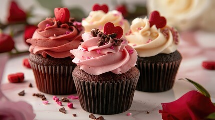 Delicious cupcakes with colorful frosting and rose decorations