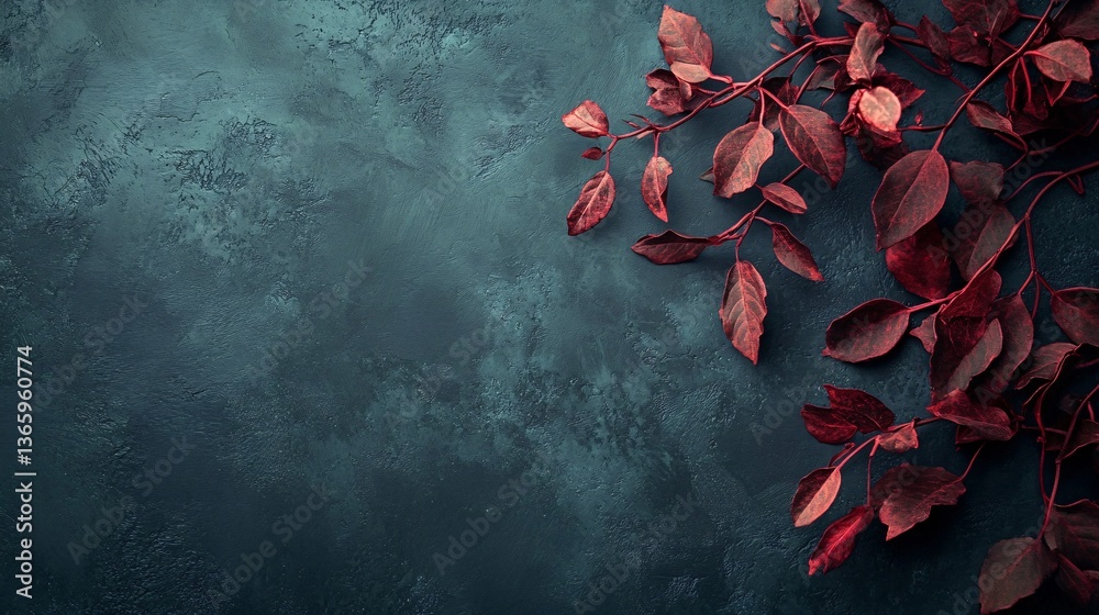 Poster red autumn leaves arranged on dark blue concrete background creating copy space