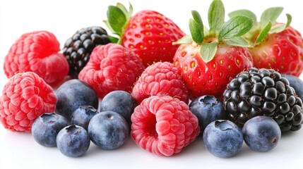 An assortment of fresh berries, including strawberries, blueberries, and raspberries, on a white background