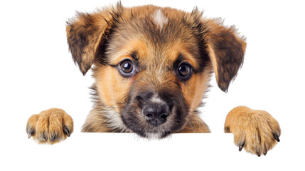 Cute puppy peeking over a blank sign with transparent background
