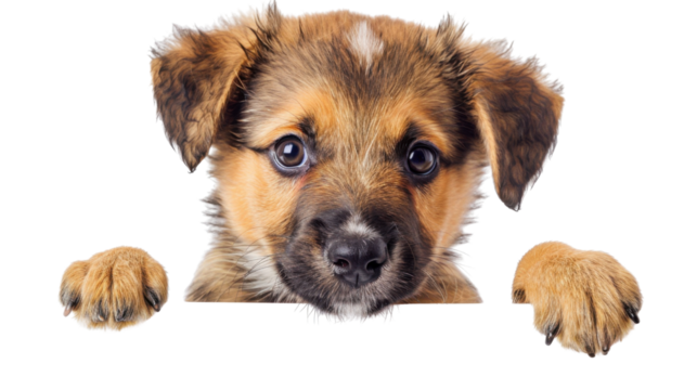 Cute puppy peeking over a blank sign with transparent background