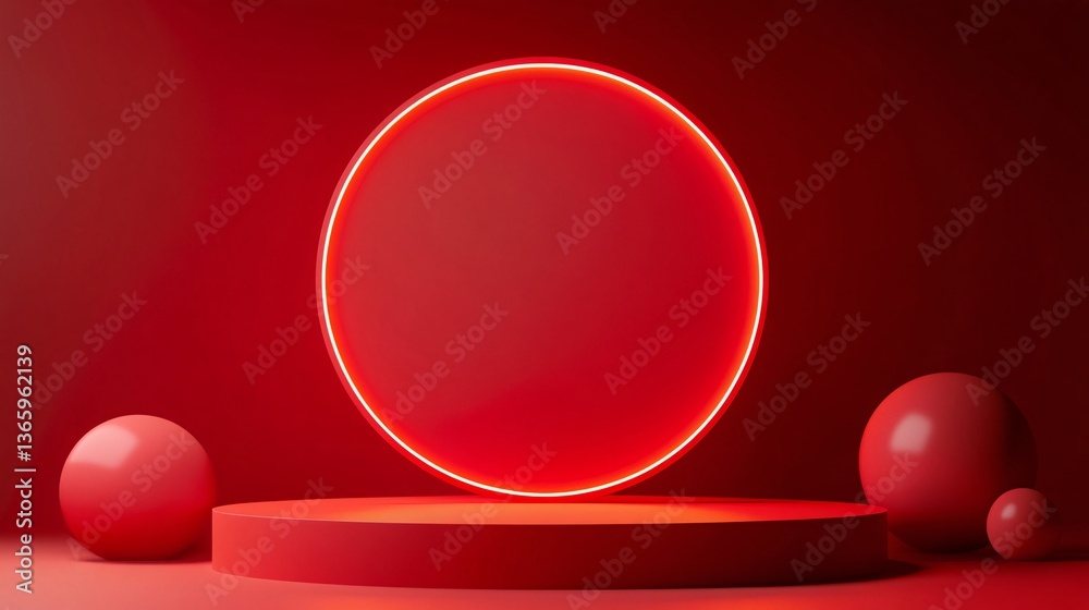 Aufkleber Red pedestal with neon circle and spheres illuminating a minimal studio setting
