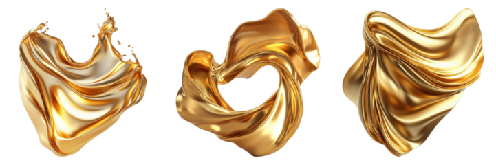 Abstract 3d render golden metal shapes isolated on transparent background. PNG ,Set of