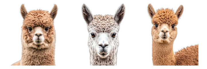 Alpaca face shot isolated on transparent background. PNG ,Set of