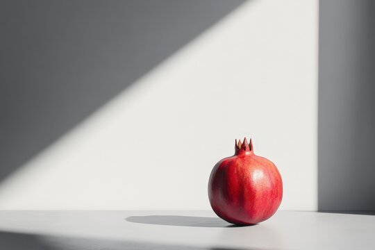 A singular ripe pomegranate fruit resting near bright natural light