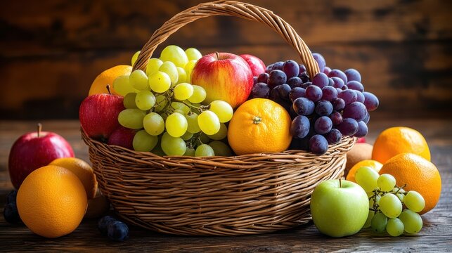 A wicker basket filled with assorted fresh fruits like apples, grapes, and oranges on a wooden table - Powered by Adobe