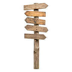 Weathered wooden signpost displaying directional arrows in nature outdoor landscape rustic charm on transparent background