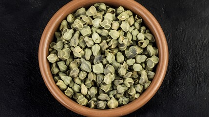 Fototapeta premium Dried Seeds in Clay Bowl Top View Closeup