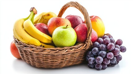 A close-up of a colorful fruit basket with ripe bananas, apples, and a bunch of grapes, isolated on a white background