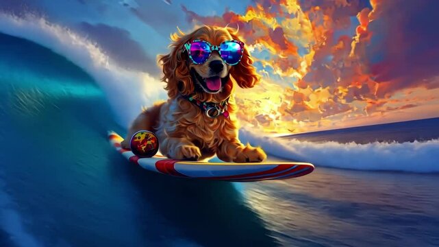 Cocker spaniel surfing at sunset: playful dog rides ocean waves with sunglasses