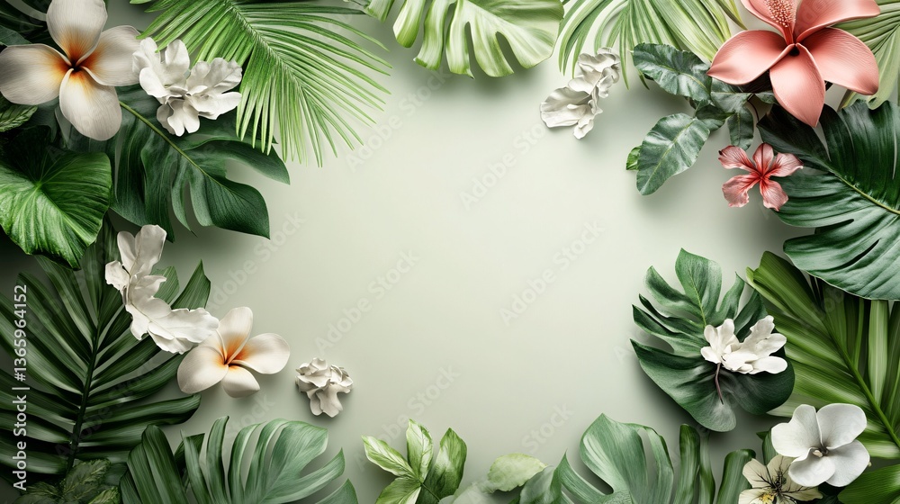 Poster tropical flowers and leaves creating a frame on green background