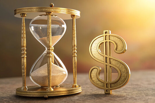 Elegant hourglass and golden dollar sign symbolizing the passage of time and the value of money with warm lighting and a blurred background