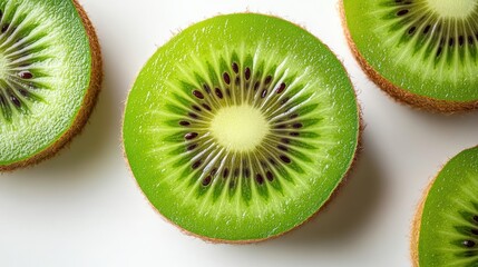 A sliced kiwi with its bright green interior placed on a white background, showcasing its seeds and texture
