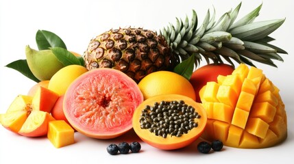 A colorful mix of tropical fruits such as papaya, pineapple, and mango, isolated on a white background