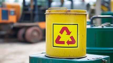 Recycle Can Symbol: The vibrant yellow container, prominently displaying the universal recycling symbol, stands as a tangible representation of environmental consciousness.