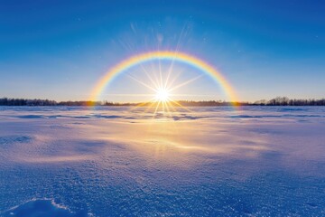 Vibrant sun halo over snow-covered winter landscape with ethereal atmosphere