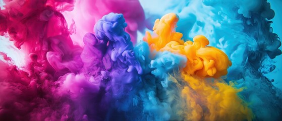 Fototapeta premium Vibrant swirling ink clouds in water with pink, purple, blue, and yellow hues