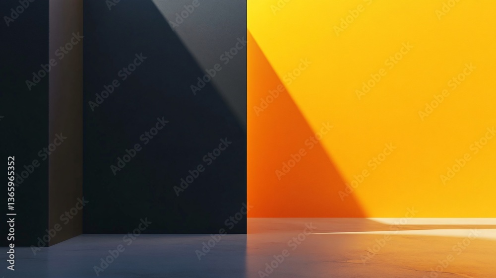 Poster sunlight illuminating a yellow and black wall in an empty room