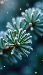 Fototapeta premium Delicate snowflakes dust frosted pine needles , branches, details, branch