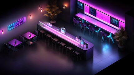 Stylish modern bar interior with neon lights, sleek seating, and digital screens in a vibrant atmosphere