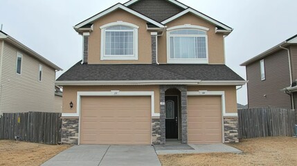 Suburban house with double garage on an autumn day for real estate and rental listings