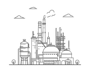 chemical industry enterprise. Horizontal industrial landscape silhouette. Oil refinery, tanks, pipes, production of petroleum products, liquefied gas, chemistry.