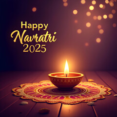 Happy Navratri 2025 Greeting Card with Glowing Diya, Sacred Mandala, and Elegant Golden Text on Maroon Background – Hindu Festival, Spiritual Celebration, Poster, Invitation, and Social Media Banner