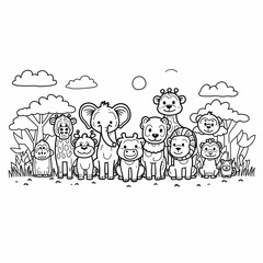 Fototapeta premium Children’s Safari Animal Illustration – Color & Line Art