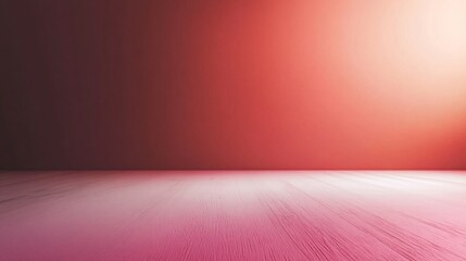Empty room with wooden floor and red wall illuminated by warm light
