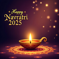 Happy Navratri 2025 Greeting Card with Glowing Diya, Sacred Mandala, and Elegant Golden Text on Maroon Background – Hindu Festival, Spiritual Celebration, Poster, Invitation, and Social Media Banner