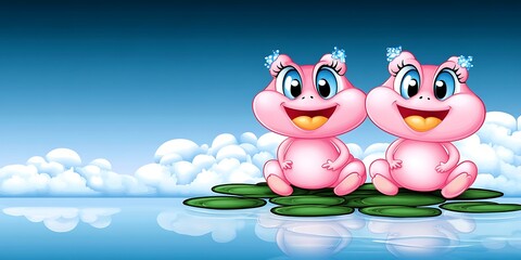 Fototapeta premium Enchanting depiction of two cartoon pink frog princesses with joyful expressions