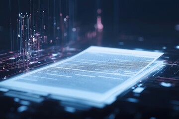Digital document floating in a virtual space with glowing data streams and connections