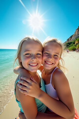 Two happy children on a beach in summer.