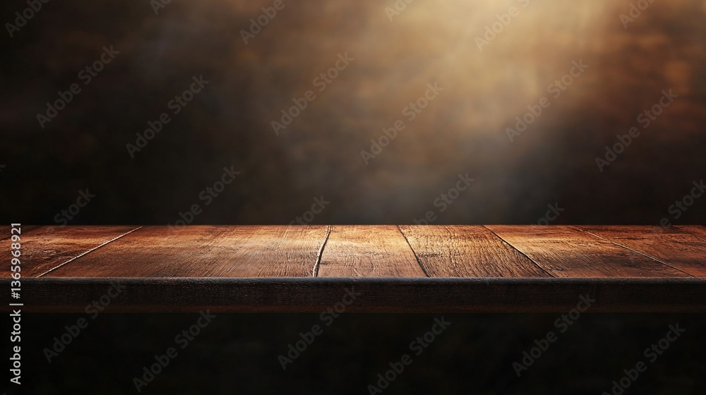 Poster empty wooden table illuminating a mysterious background with smoke